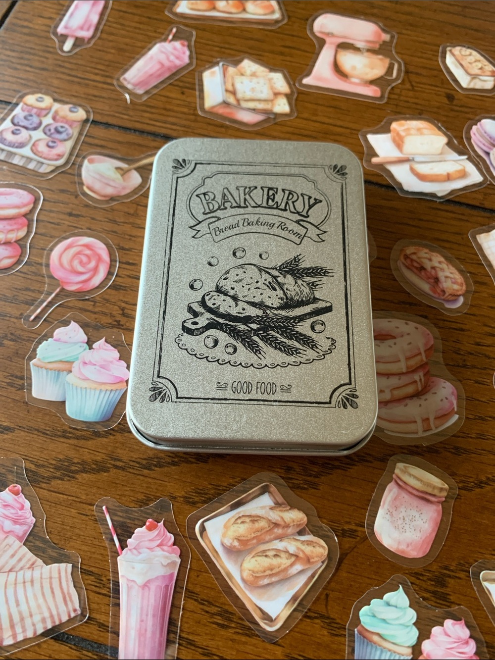 Metal Tin 100 Piece Vinyl Stickers Strawberry Bakery 3.5x2.5” Tin